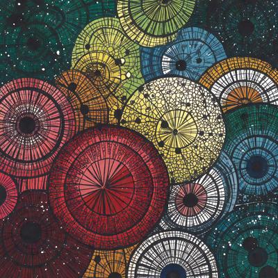 The primary subject of the image is a collection of colorful, round, and swirling patterns. These patterns are displayed in various shades of red, yellow, green, and blue. The setting is a night sky, which adds a sense of depth and contrast to the vibrant colors of the patterns. The visual style of the image is a combination of digital art and illustration, creating a unique and eye-catching design. The overall atmosphere of the image is lively and energetic, with the swirling patterns